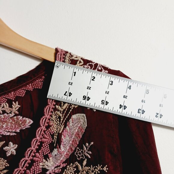 Johnny Was, Burgundy Brown Embroidered Boho Chic Top, Lt. Wt., Semi-Sheer, Small - Picture 11 of 16